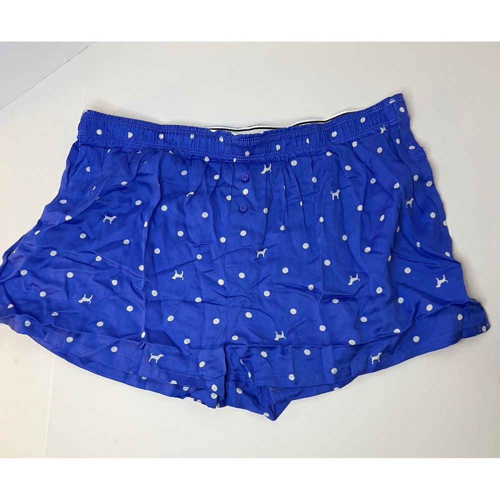 Womens Pink Victoria's Secret Boxer Shorts Dogs Dots Blue White Lyocell‎ L NWT
